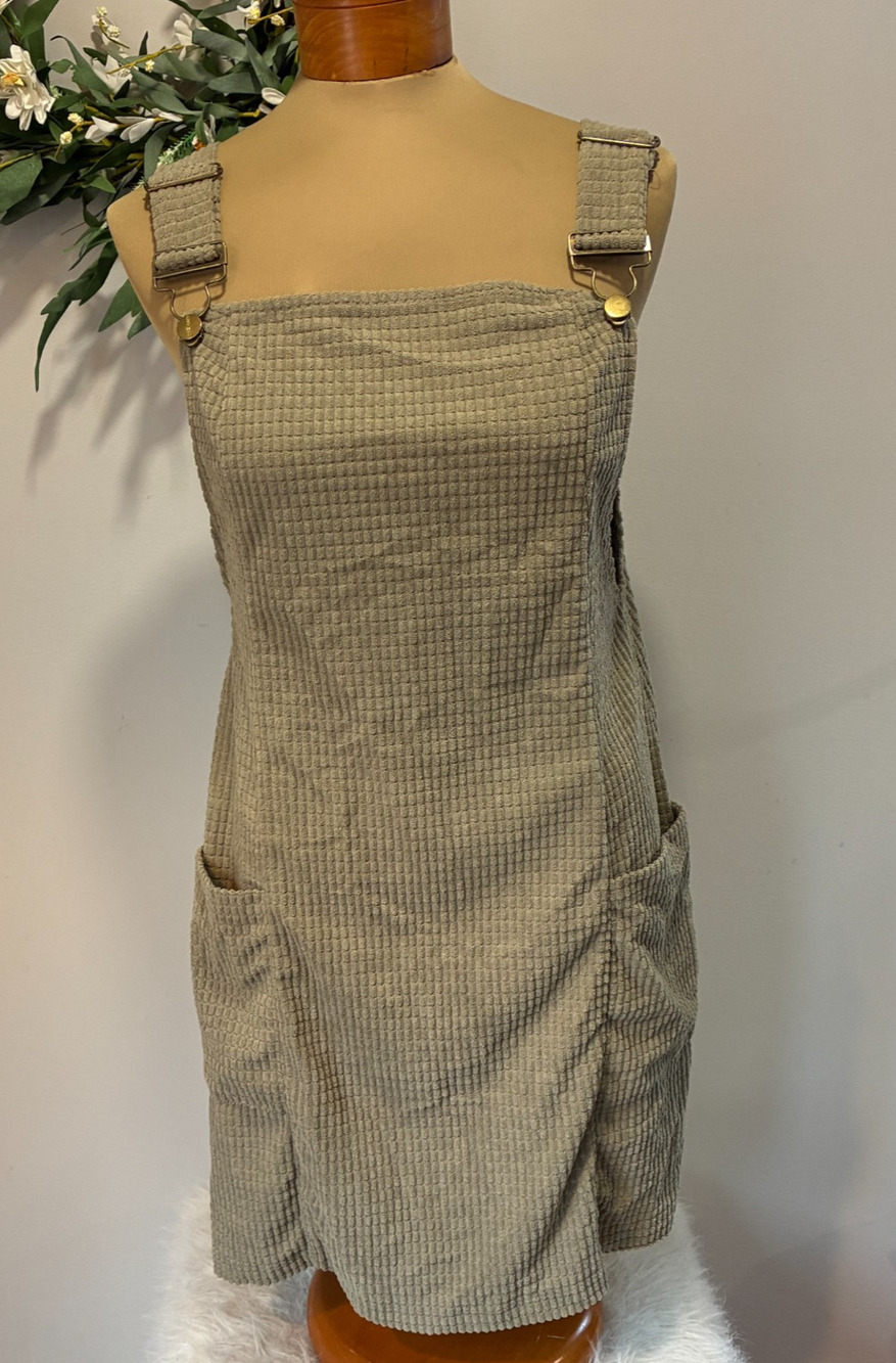 Textured Corduroy Overall Dress Mini Pinafore Jumper Pockets Khaki Tan Boho, M